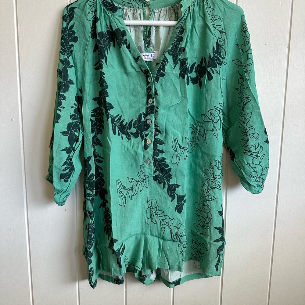 Ava Sky Green and Black Leaf Print Blouse